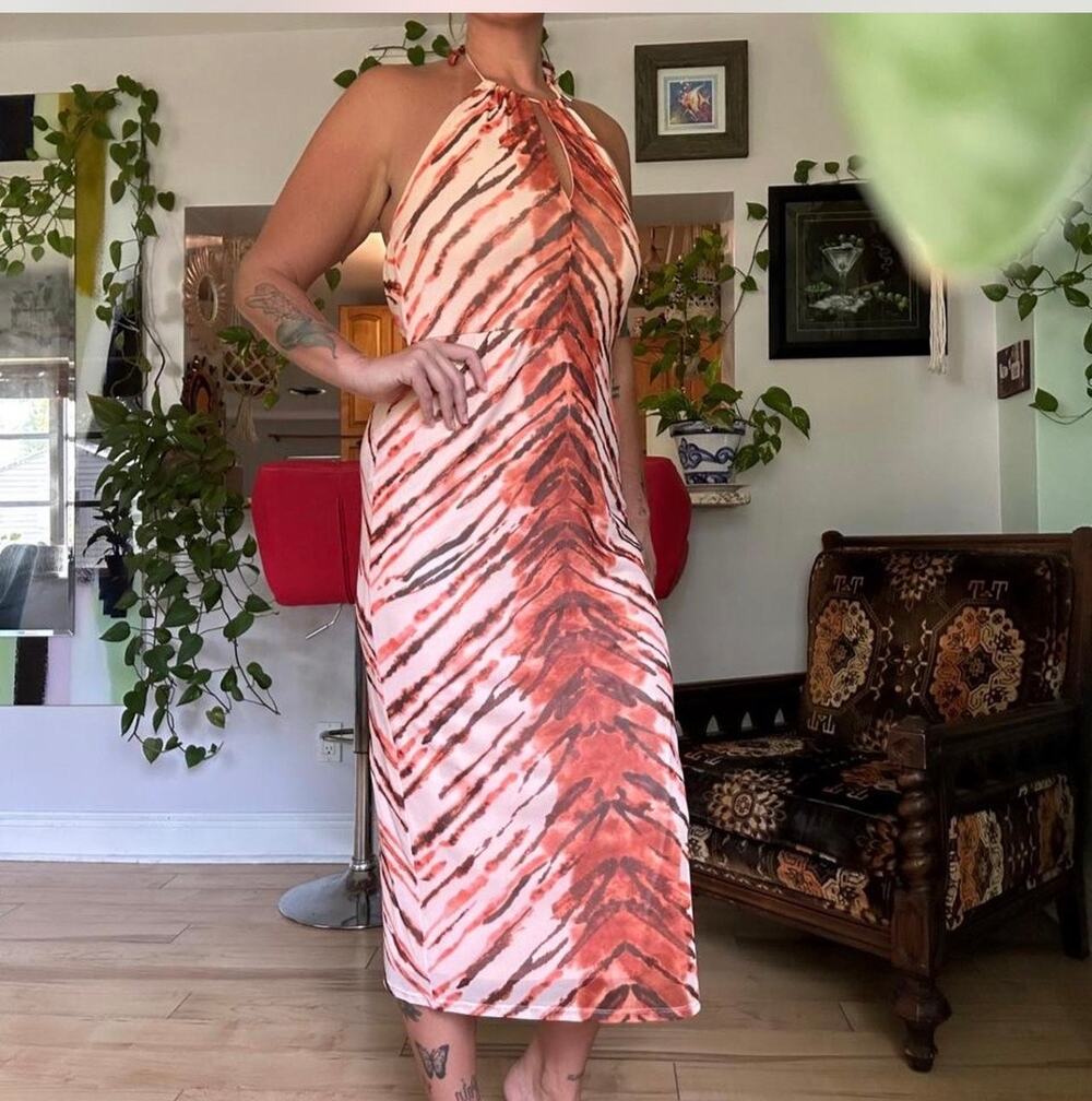 AFRM Kalina Halter Mesh Midi Dress Placement Tiger XSmall NWT